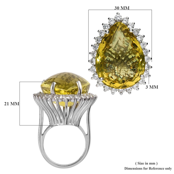 Natural Ouro Verde Quartz (Pear), Natural Cambodian Zircon Ring in Platinum Overlay Sterling Silver 56.750 Ct.