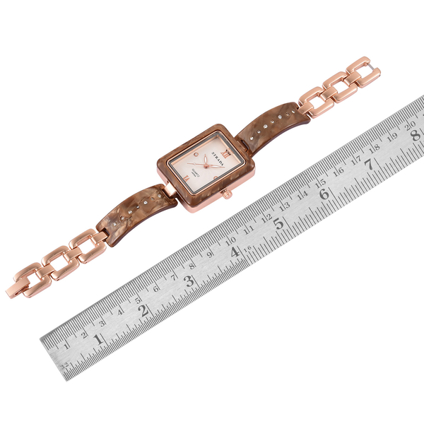 STRADA Japanese Movement White Austrian Crystal Studded Dial Watch in Rose Gold Tone with Chocolate Colour Strap
