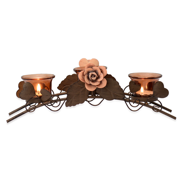 Home Decor - Two Clay Flower Candle Holder with Brown Glass