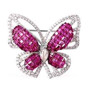 Lustro Stella Simulated Ruby and Simulated Diamond Butterfly Brooch in Rhodium Overlay Sterling Silv