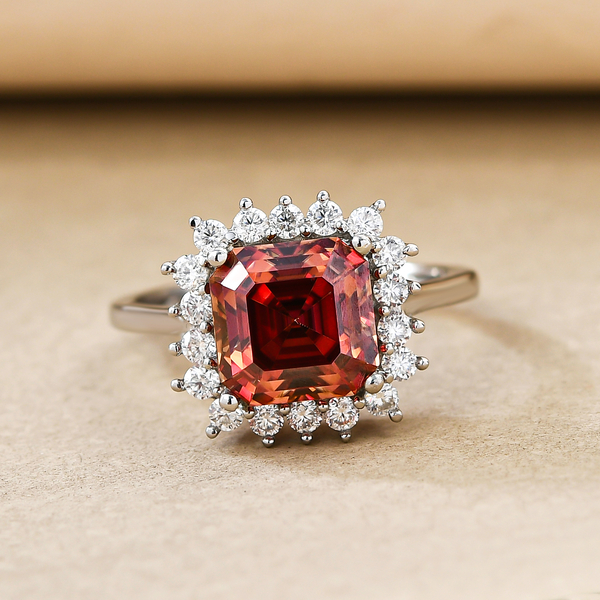 Red Moissanite (Asscher Cut) and White Moissanite Ring in Platinum Overlay Sterling Silver 3.30 Ct.