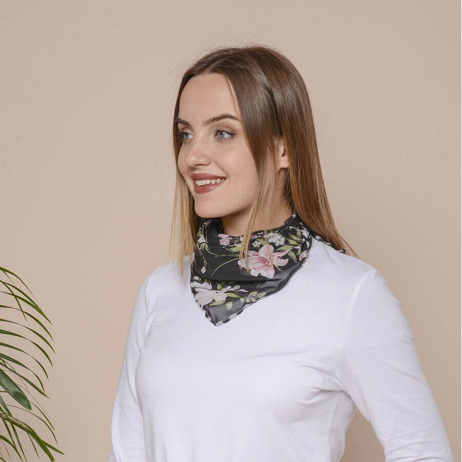 2 in 1 Flower Pattern Chiffon Soft Feel Scarf and Protective Face Covering (Size 45x45 Cm) - Black - Pink