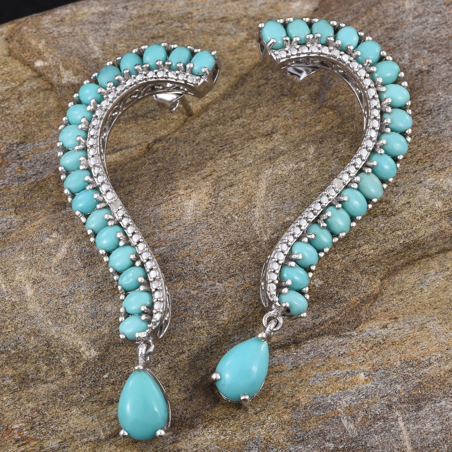 Sonoran Turquoise (Pear), Diamond Earrings (with Push Back) in Platinum Overlay Sterling Silver 7.770 Ct.