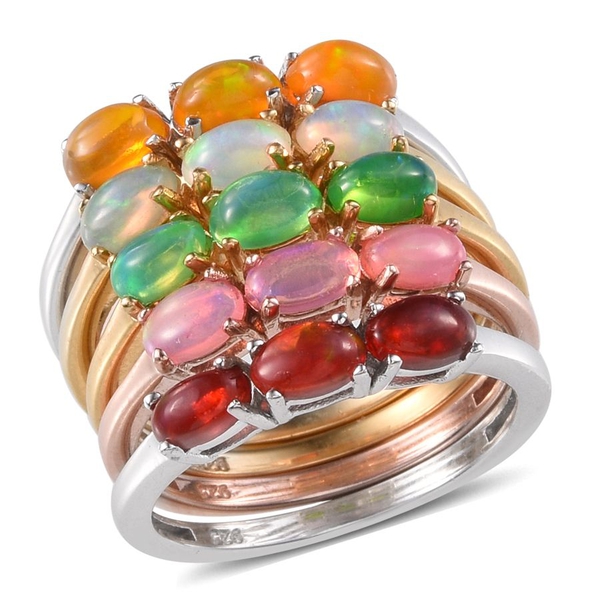 Set of 5 - Ethiopian Welo Opal (Ovl), Green, Orange, Pink and Red Ethiopian Opal Trilogy Ring in 14K Gold, Rose Gold and Platinum Overlay Sterling Silver 2.250 Ct.
