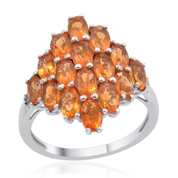 Jalisco Fire Opal (Ovl), Diamond Cluster Ring in Platinum Overlay Sterling Silver 2.260 Ct.