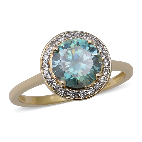 9K Yellow Gold AA Blue Moissanite and Natural Cambodian Zircon Halo Ring 2.17 Ct.