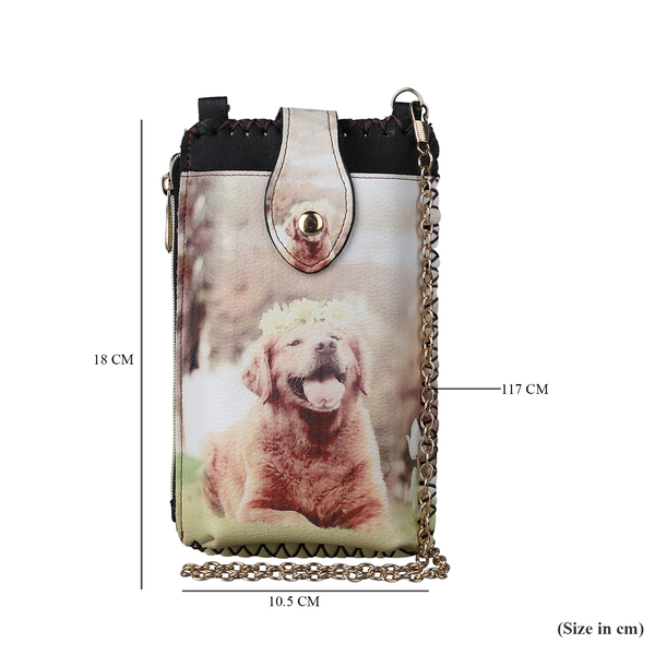 Stylish Dog Pattern Cell Phone Bag with Chain Shoulder Strap (Size 18x10cm) - Beige