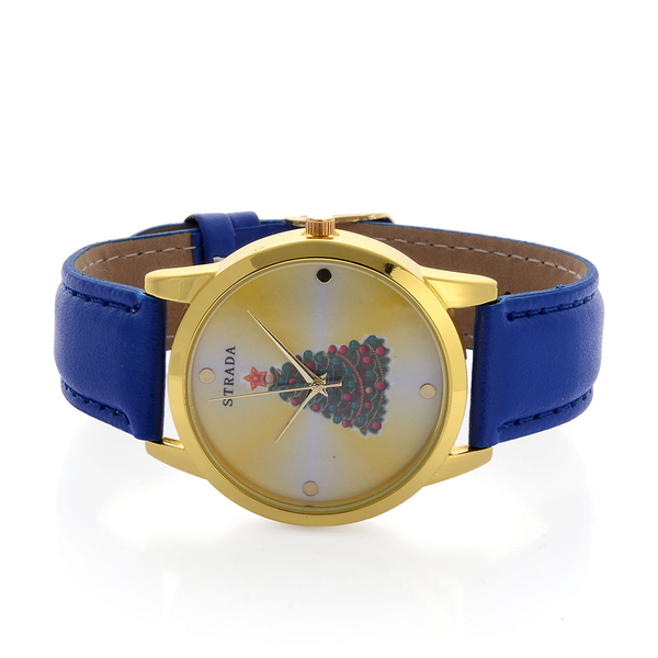 STRADA Japanese Movement Christmas Tree Printed Yellow Dial Water Resistant Watch in Gold Tone with Blue Strap
