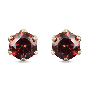 9K Yellow Gold Red Moissanite Solitaire Stud Earrings (with Push Back) 1.50 Ct.