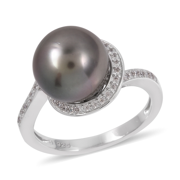 Tahitian Pearl and Zircon Solitaire Ring in Rhodium Plated Silver
