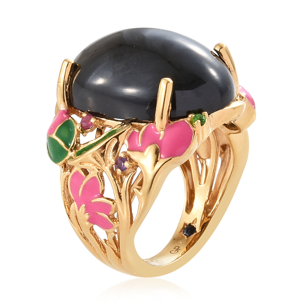GP Boi Ploi Black Spinel (Ovl 20x15 mm), African Ruby, Amethyst,Chrome Diopside and Kanchanaburi Blue Sapphire Ring in  14K Gold Overlay with Enamled Sterling Silver 14.750 Ct, Silver wt 7.78 Gms.