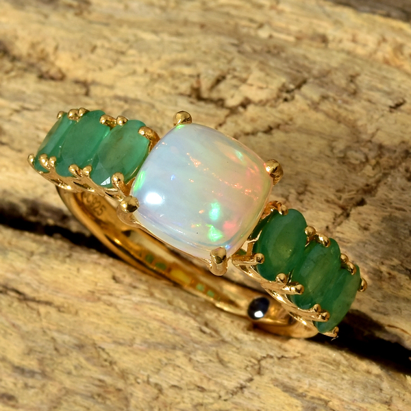 GP Ethiopian Welo Opal (Cush 1.28 Ct), Kagem Zambian Emerald and Kanchanaburi Blue Sapphire Ring in 14K Gold Overlay Sterling Silver 2.500 Ct.