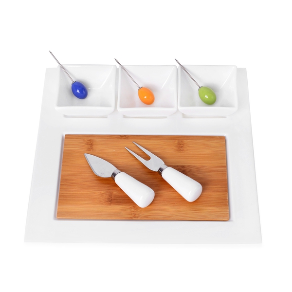 Kitchen Accessories - 3 Square Ceramic Bowls (Size 8X8X5 Cm), Ceramic Tray (Size 30X24 Cm), Bamboo B