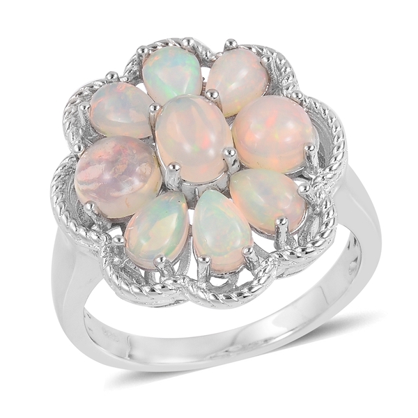 Ethiopian Welo Opal (Ovl) Flower Ring in Rhodium Plated Sterling Silver 2.910 Ct. Silver wt 6.50 Gms