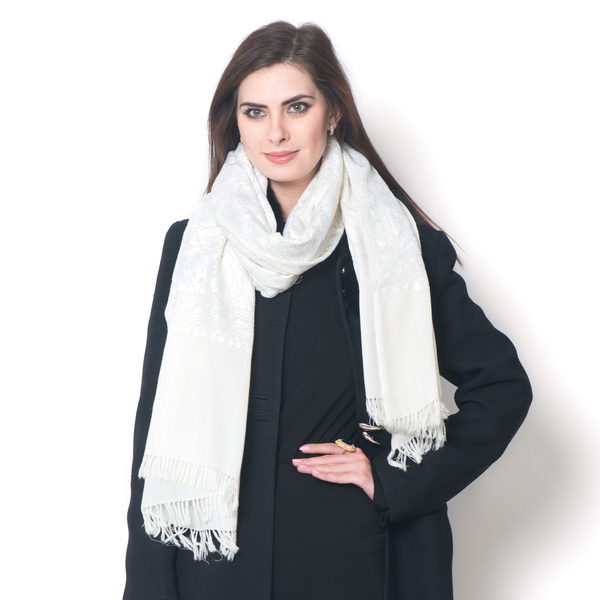 100% Merino Wool White Paisley and Leaves Embroidered Off White Colour Scarf (Size 190x70 Cm)