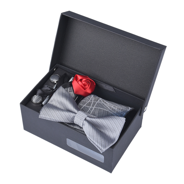 Mens Gift Set (Includes Cufflink, Bow Tie, Scarf, Tie Bar, Brooch, Tie) - Silver Grey