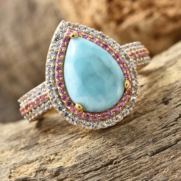 Larimar (Pear 4.50 Ct), Pink Sapphire and Natural Cambodian Zircon Ring in 14K Gold Overlay Sterling Silver 5.500 Ct. Number of Gemstone 107