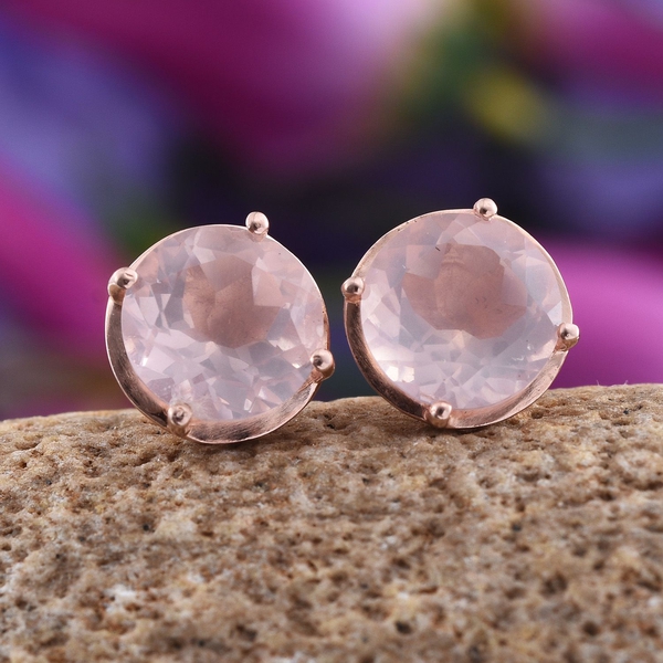 Rose Quartz (Rnd) Stud Earrings (with Push Back) in Rose Gold Overlay Sterling Silver 5.250 Ct.