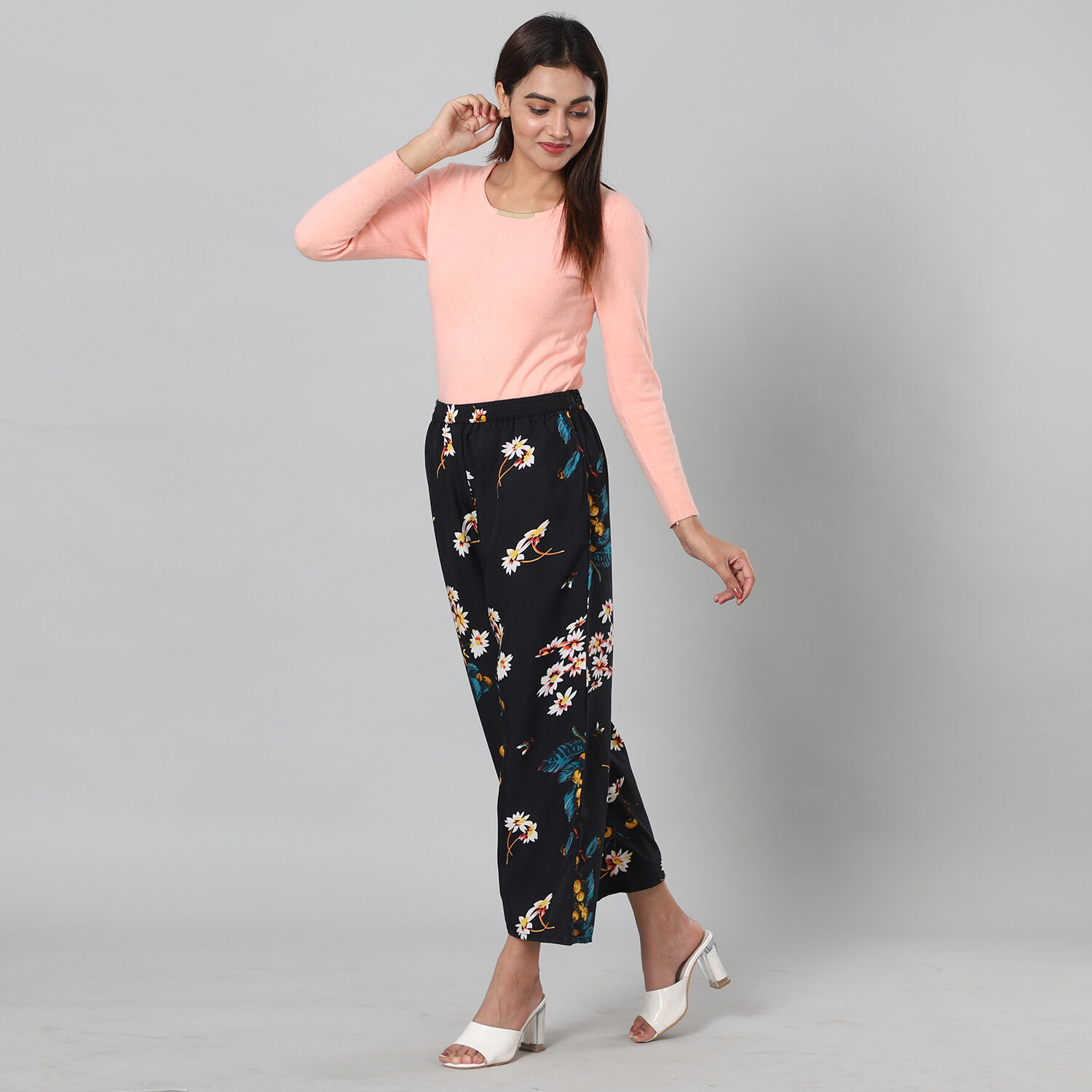 Multi Colour Floral Printed Black Trousers (Size XXL, 22-26)