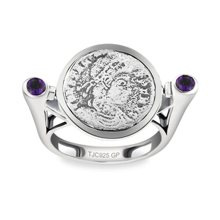 GP Roman Coin Collection - 2 in 1 Amethyst, Kanchanaburi Blue Sapphire Ring in Platinum Overlay Ster