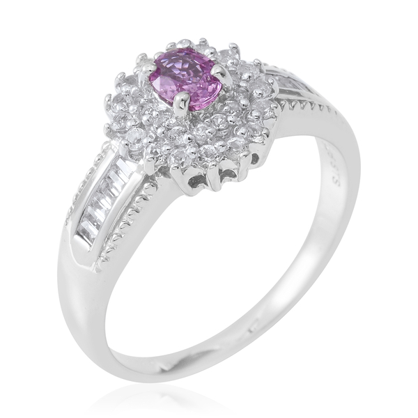 Pink Sapphire (Ovl), White Topaz Ring in Rhodium Overlay Sterling Silver 1.020 Ct