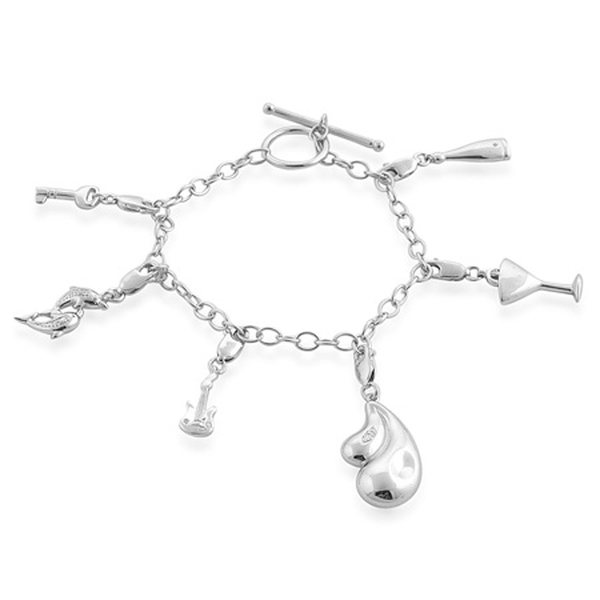 Diamond (Rnd) 6 Charm Bracelet with Toggle Lock in Platinum Overlay Sterling Silver (Size 7.5)