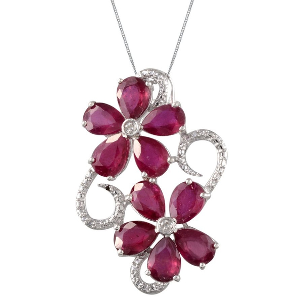 African Ruby (Pear), Diamond Twin Floral Pendant With Chain in Platinum Overlay Sterling Silver 7.51