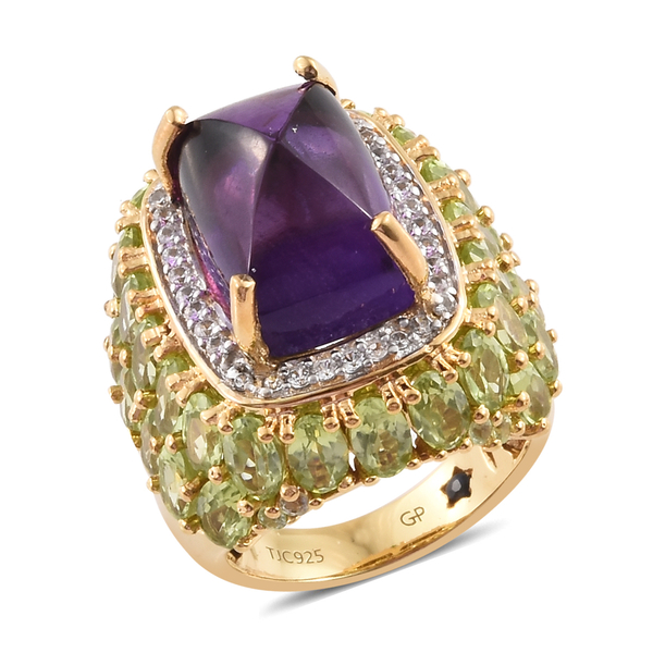 GP Zambian Amethyst (Cush 14x10 mm), Hebei Peridot and Multi Gemstone Ring in 14K Gold Overlay Sterling Silver 17.75 Ct, Silver Wt 8.31 Gms