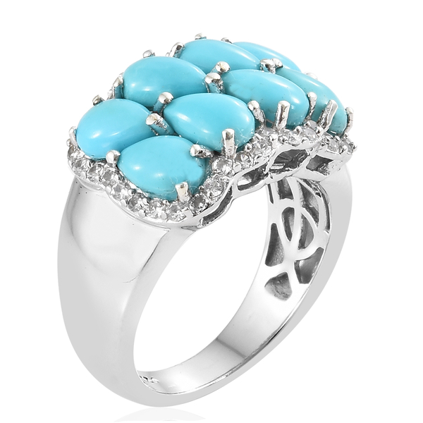 AA  Arizona Sleeping Beauty Turquoise (Pear), Natural White Cambodian Zircon Ring in Platinum Overlay Sterling Silver 3.750 Ct, Silver wt 5.20 Gms