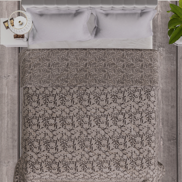 Sundays Child - Floral Pattern Cotton Voile Hand Stitched Quilt (Size 200 Cm) - Grey & White