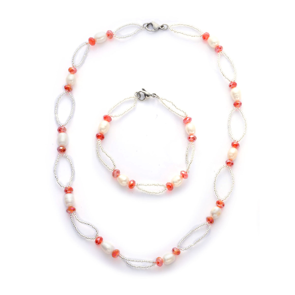 Fresh Water White Pearl, Red and White Glass Necklace (Size 18) and Bracelet (Size 7.5) in Stainless