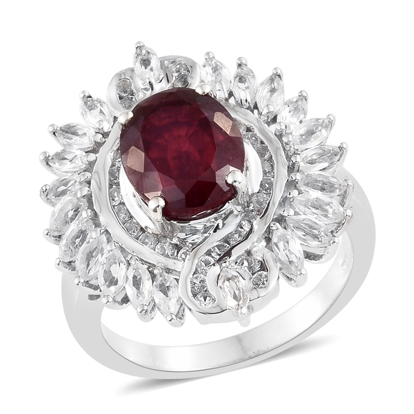 8 Ct African Ruby and White Topaz Cocktail Ring in Platinum Plated Silver 8.18 Grams