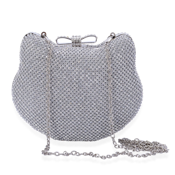 White Austrian Crystal Studded Clutch Bag in Silver Tone with Removable Chain Strap (Size 16x12x4 Cm