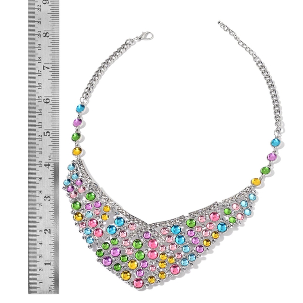 Simulated Multi Colour Stone and White Austrian Crystal Necklace  (Size 20 with 2 inch Extender) in Silver Tone