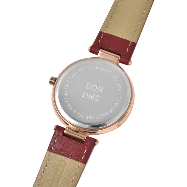 EON 1962 Swiss Movement Wine Red Dial 12 Diamonds Studded 5ATM Water Resistant Watch with Wine Red Genuine Leather Strap