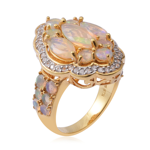 Ethiopian Welo Opal (Mrq 12x6 mm), Natural Cambodian Zircon Ring in Rhodium and Yellow Gold Overlay Sterling Silver 4.700 Ct, Silver wt 8.00 Gms.