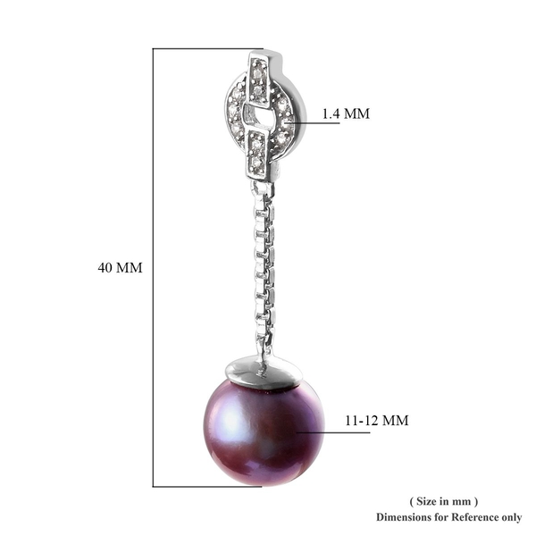 Purple Edison Pearl and Natural Cambodian Zircon Dangling Earrings (with Push Back) in Platinum Overlay Sterling Silver