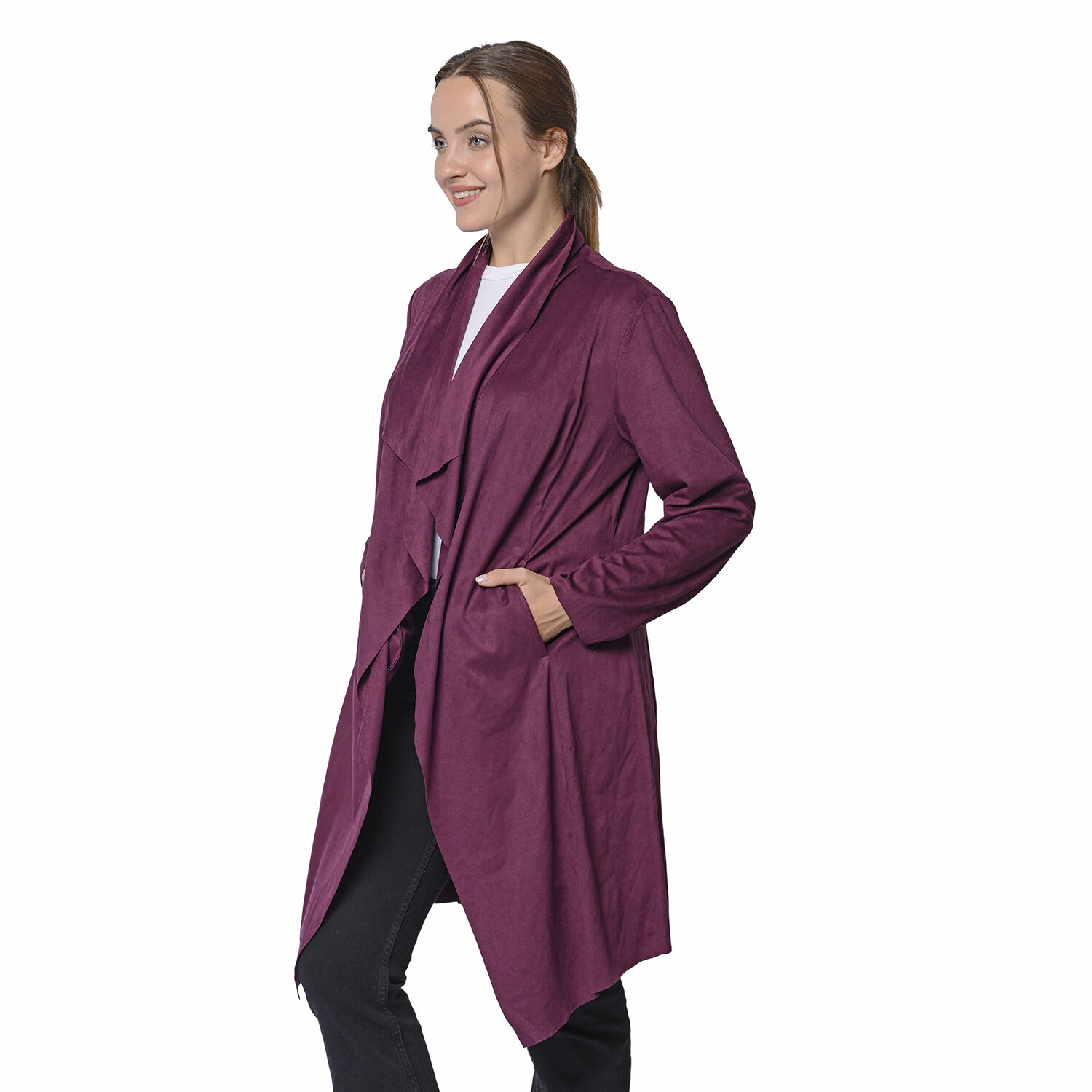 LA MAREY Super Soft Faux Suede Long Waterfall Cardigan in Plum Colour (Size XXL, 22-24)