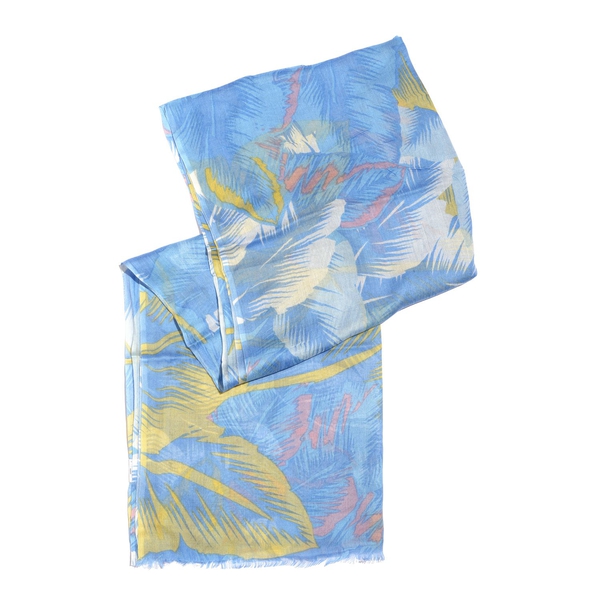 100% Modal Blue, Yellow and Multi Colour Hand Screen Leaves Printed Scarf (Size 180x70 Cm)