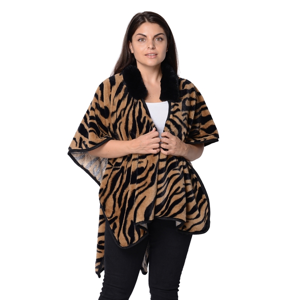 Tiger Pattern Winter Kimono with Faux Fur Collar (Size 79x99 Cm) - Brown and Black