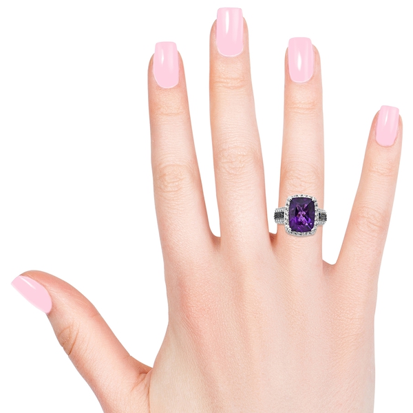 Amethyst (Ovl 10.50 Ct), Natural Cambodian Zircon and Kanchanaburi Blue Sapphire Ring in Platinum Overlay Sterling Silver 13.000 Ct. Silver wt 7.01 Gms.