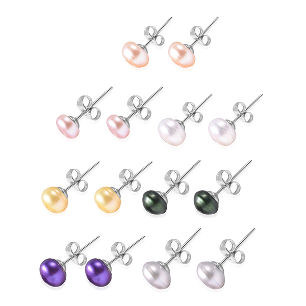 Set of 7 - Multi Pearl Stud Earrings (with Push Back) in Stainless Steel