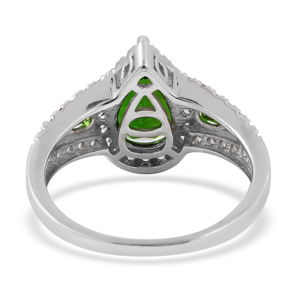 Collectors Edition- Chrome Diopside (Very Rare Size Pear 12x8 mm), Natural White Cambodian Zircon Ring in Rhodium Overlay Sterling Silver 4.500 Ct.