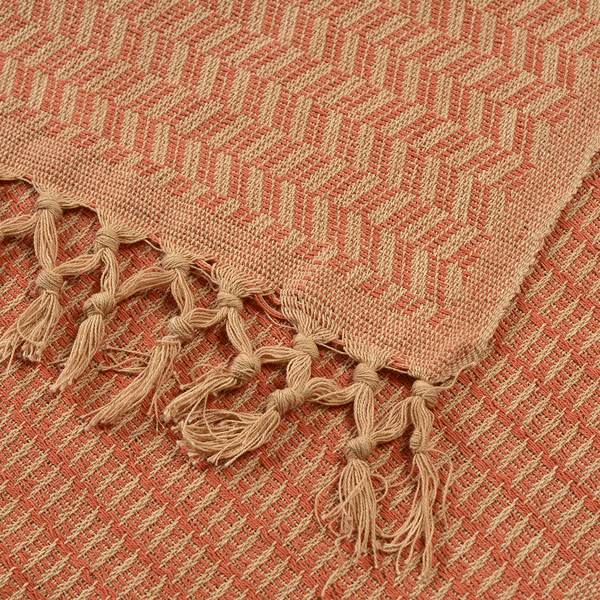 100% Cotton Hand Woven Beige and Rust Patch Look Jacquard Bedcover with Fringes (Size 270x220 Cm)