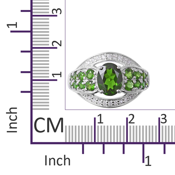 Chrome Diopside (Ovl 9x6 mm), Natural Cambodian White Zircon Ring in Rhodium Overlay Sterling Silver 3.29 Ct, Silver wt 5.85 Gms.