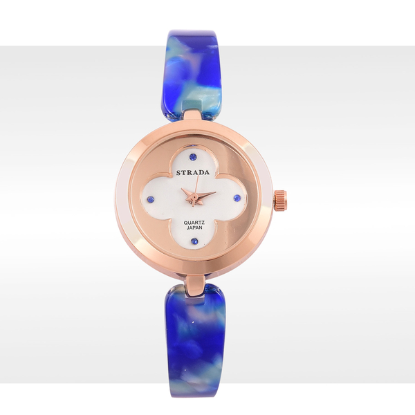 Designer Inspired-STRADA Japanese Movement Blue Austrian Crystal Studded White Dial Watch in Rose Gold Tone with Blue Colour Strap