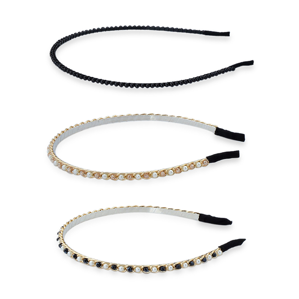 Set of 3 - Black and Champagne Glass Bead, Simulated White Pearl and Simulated Stone Head Band in Silver and Gold Tone