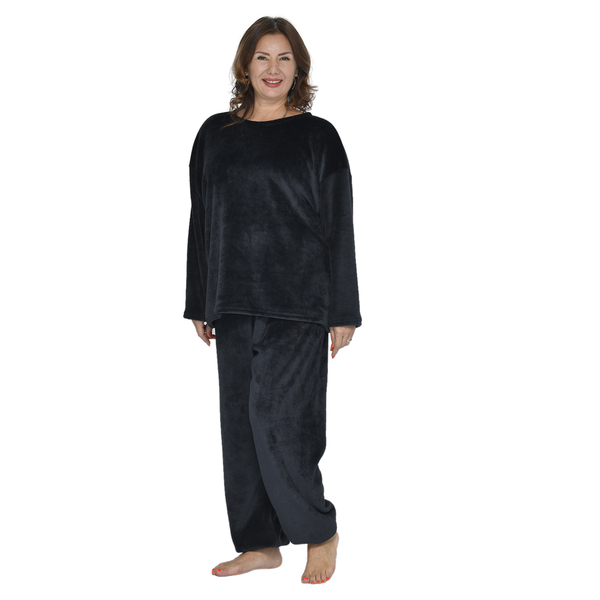 Faux Fur Long Sleeves Sleepwear Set - Black