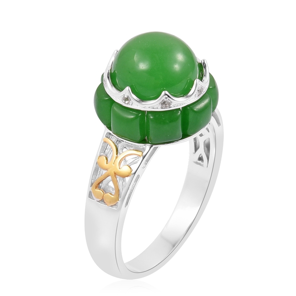 Green Jade (Rnd 4.75 Ct), Natural White Cambodian Zircon Ring in Rhodium and Gold Overlay Sterling Silver 8.310 Ct.