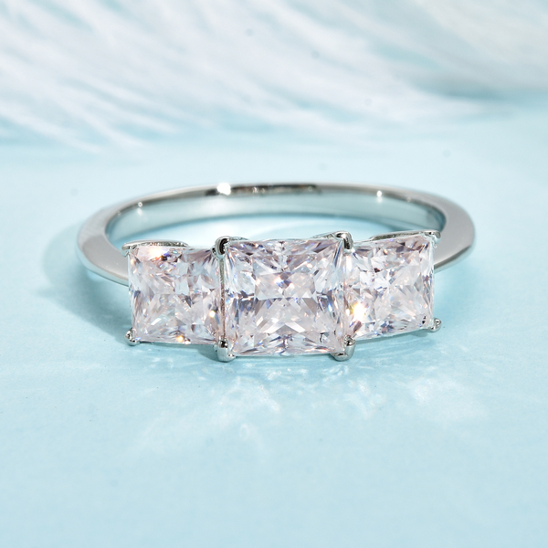Moissanite Trilogy Ring in Rhodium Overlay Sterling Silver 2.00 Ct.
